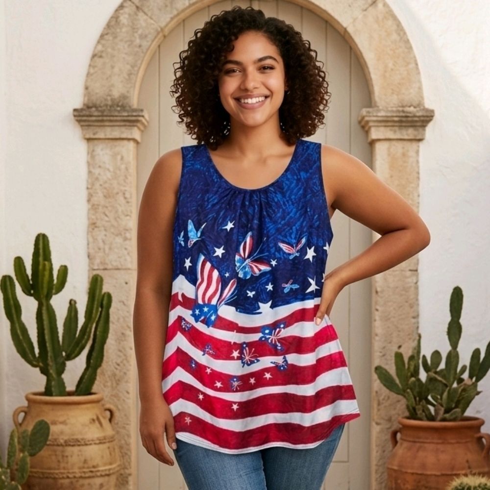 Women’s Plus Size 26W American Flag Butterfly Tank Top Patriotic Sleeveless Tee